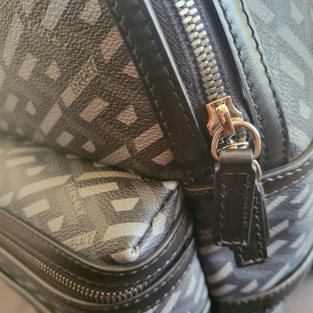 EUC Versace Coated Canvas Calfskin La Greca Signature Backpack Black and Grey - Picture 8 of 16